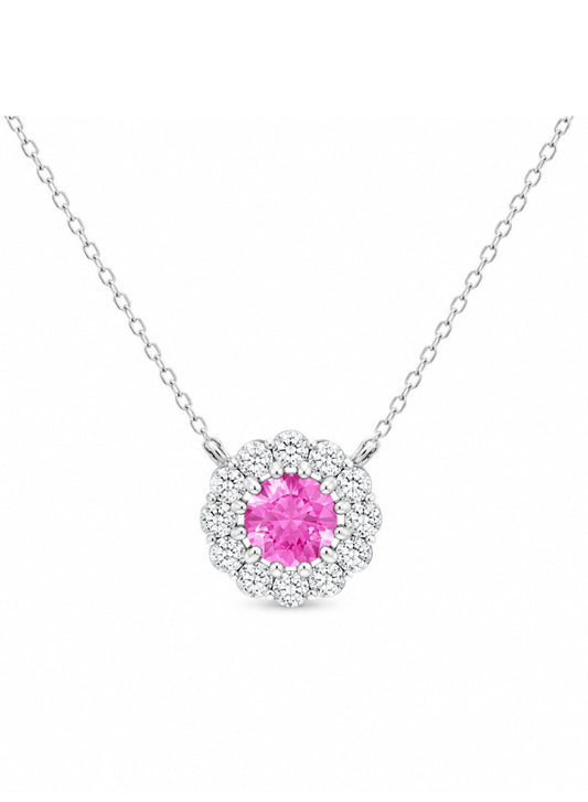 Pink Sapphire Halo Floral Necklace