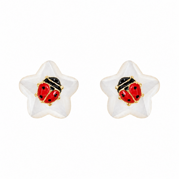 Ladybug on a White Flower Gold Earrings