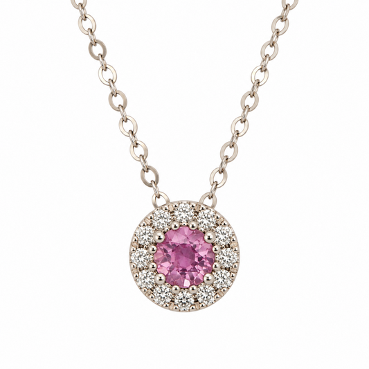 Pink Sapphire & Diamond Halo Necklace