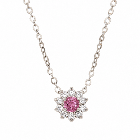 Pink Sapphire Halo Floral Necklace