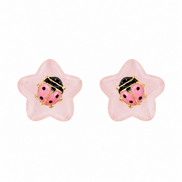 Ladybug on a Pink Flower Gold Earrings