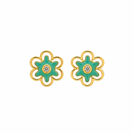 Green Enamel Flower Stud Earrings