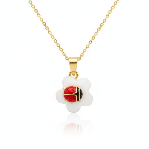 Ladybug with White Flower Shape Gold Necklace